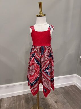 Blueberi Boulevard Red and Navy Patchwork Handkerchief Hem Dress
